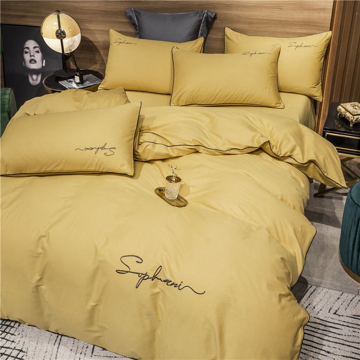 91家纺网 家纺一手货源 找家纺 小叮当家纺仓储工厂店 2025新款(热买家秀不断货)40s贡缎长绒棉纯棉字母款全棉四件套轻奢床上用品 金秋黄