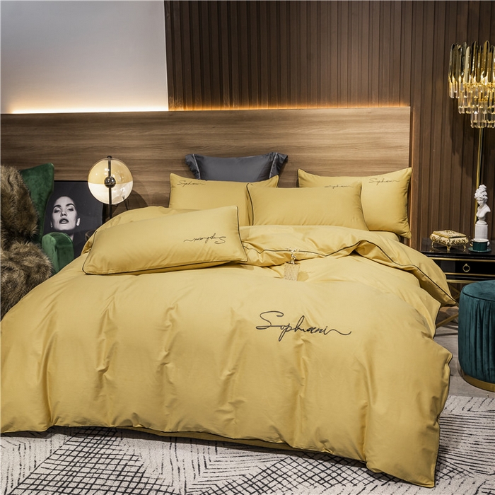 91家纺网 家纺一手货源 找家纺 小叮当家纺仓储工厂店 2025新款(热买家秀不断货)40s贡缎长绒棉纯棉字母款全棉四件套轻奢床上用品 金秋黄