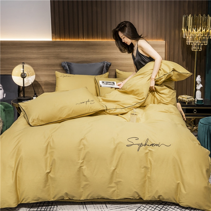 91家纺网 家纺一手货源 找家纺 小叮当家纺仓储工厂店 2025新款(热买家秀不断货)40s贡缎长绒棉纯棉字母款全棉四件套轻奢床上用品 金秋黄