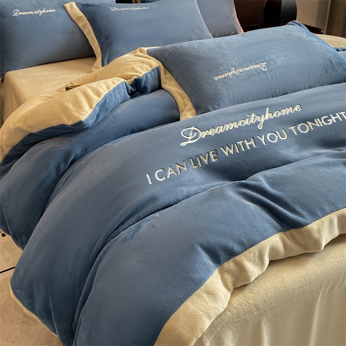 梦幻之城 2025新款牛奶绒刺绣四件套-安克斯绒B款 安克斯绒-宾利蓝+香槟色