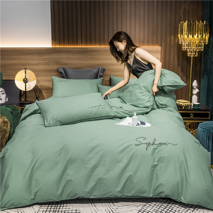91家纺网 家纺一手货源 找家纺 小叮当家纺仓储工厂店 2025新款(热买家秀不断货)40s贡缎长绒棉纯棉字母款全棉四件套轻奢床上用品 抹茶绿