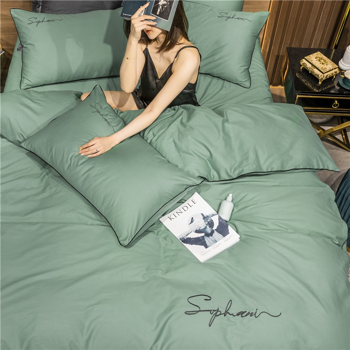 91家纺网 家纺一手货源 找家纺 小叮当家纺仓储工厂店 2025新款(热买家秀不断货)40s贡缎长绒棉纯棉字母款全棉四件套轻奢床上用品 抹茶绿