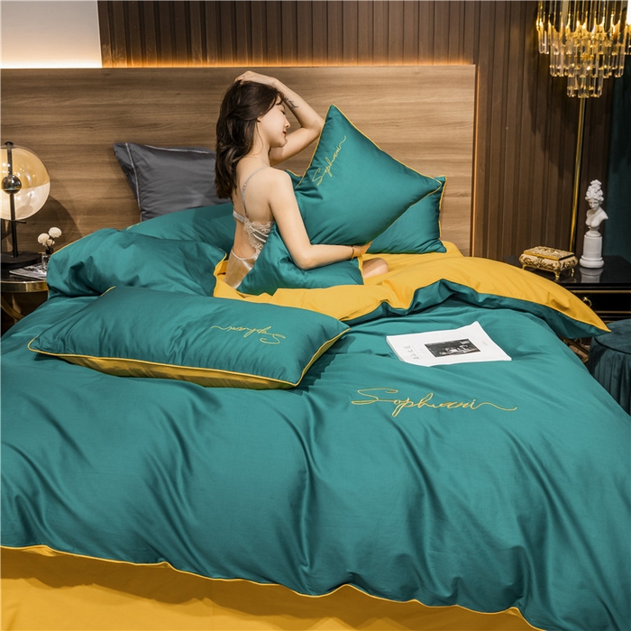 小叮当家纺仓储工厂店 2025新款(热买家秀不断货)40s贡缎长绒棉纯棉字母款全棉四件套轻奢床上用品 墨绿黄