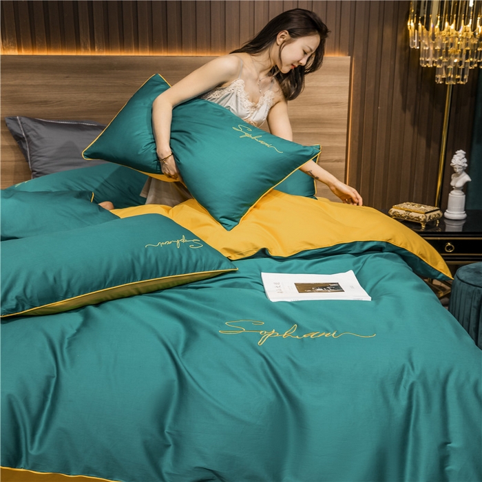 91家纺网 家纺一手货源 找家纺 小叮当家纺仓储工厂店 2025新款(热买家秀不断货)40s贡缎长绒棉纯棉字母款全棉四件套轻奢床上用品 墨绿黄