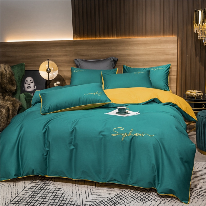 91家纺网 家纺一手货源 找家纺 小叮当家纺仓储工厂店 2025新款(热买家秀不断货)40s贡缎长绒棉纯棉字母款全棉四件套轻奢床上用品 墨绿黄