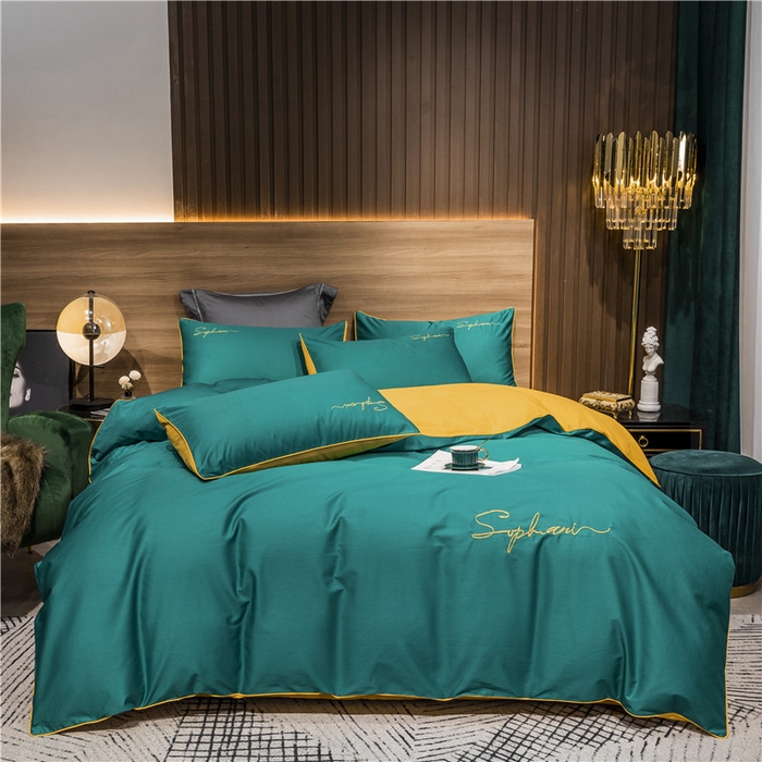 91家纺网 家纺一手货源 找家纺 小叮当家纺仓储工厂店 2025新款(热买家秀不断货)40s贡缎长绒棉纯棉字母款全棉四件套轻奢床上用品 墨绿黄