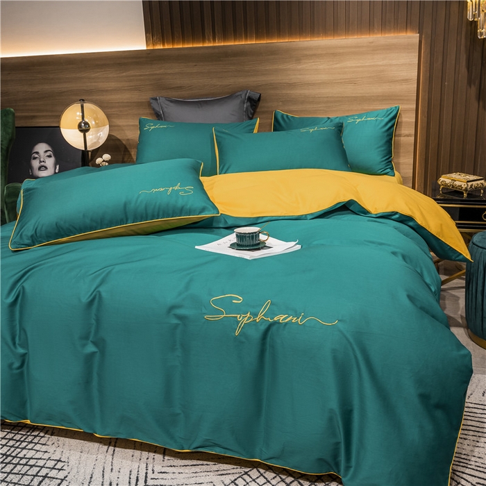 91家纺网 家纺一手货源 找家纺 小叮当家纺仓储工厂店 2025新款(热买家秀不断货)40s贡缎长绒棉纯棉字母款全棉四件套轻奢床上用品 墨绿黄