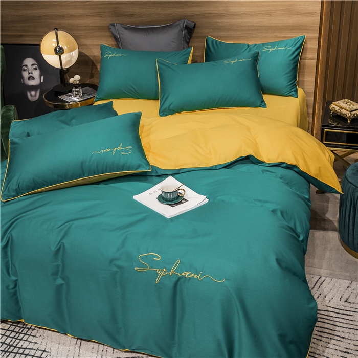 91家纺网 家纺一手货源 找家纺 小叮当家纺仓储工厂店 2025新款(热买家秀不断货)40s贡缎长绒棉纯棉字母款全棉四件套轻奢床上用品 墨绿黄