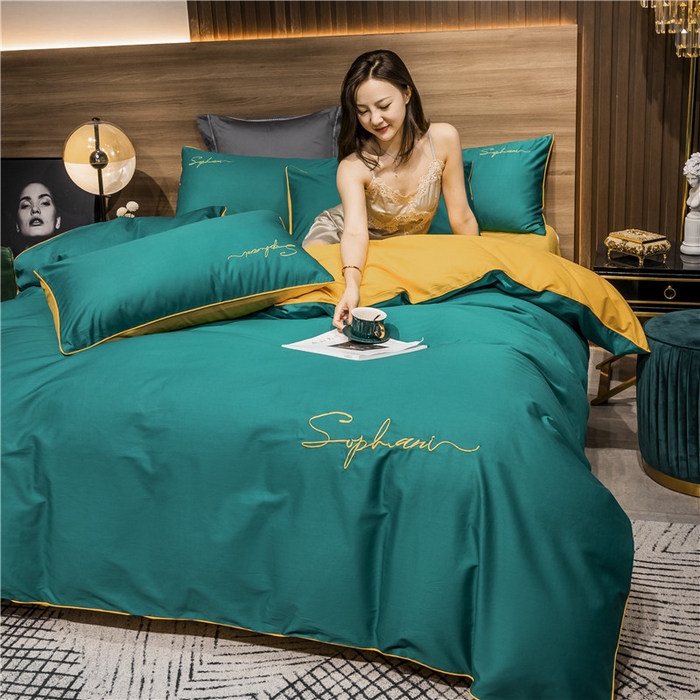 91家纺网 家纺一手货源 找家纺 小叮当家纺仓储工厂店 2025新款(热买家秀不断货)40s贡缎长绒棉纯棉字母款全棉四件套轻奢床上用品 墨绿黄