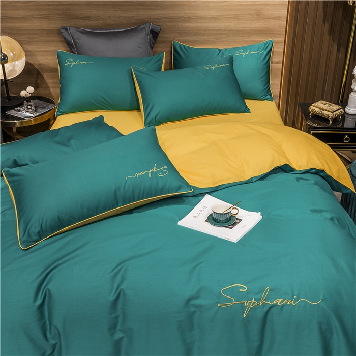 91家纺网 家纺一手货源 找家纺 小叮当家纺仓储工厂店 2025新款(热买家秀不断货)40s贡缎长绒棉纯棉字母款全棉四件套轻奢床上用品 墨绿黄