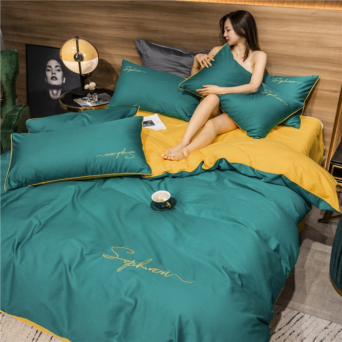 91家纺网 家纺一手货源 找家纺 小叮当家纺仓储工厂店 2025新款(热买家秀不断货)40s贡缎长绒棉纯棉字母款全棉四件套轻奢床上用品 墨绿黄