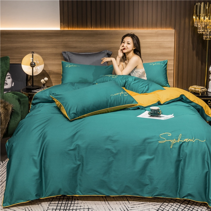 91家纺网 家纺一手货源 找家纺 小叮当家纺仓储工厂店 2025新款(热买家秀不断货)40s贡缎长绒棉纯棉字母款全棉四件套轻奢床上用品 墨绿黄