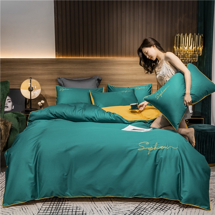 91家纺网 家纺一手货源 找家纺 小叮当家纺仓储工厂店 2025新款(热买家秀不断货)40s贡缎长绒棉纯棉字母款全棉四件套轻奢床上用品 墨绿黄