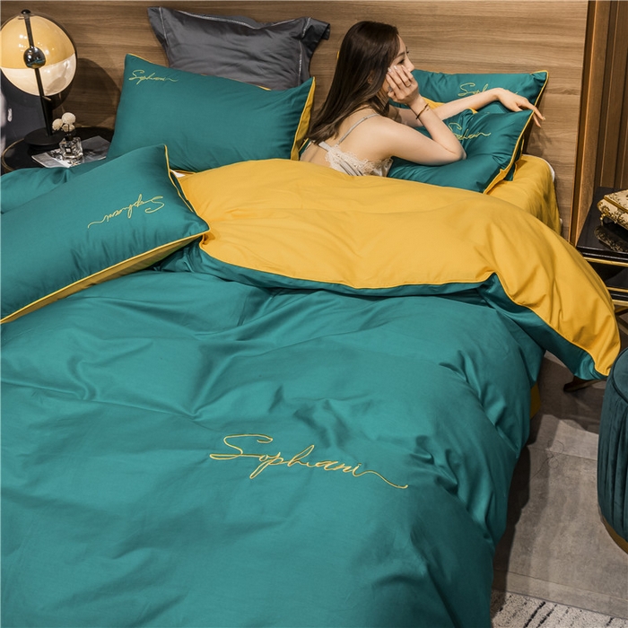 91家纺网 家纺一手货源 找家纺 小叮当家纺仓储工厂店 2025新款(热买家秀不断货)40s贡缎长绒棉纯棉字母款全棉四件套轻奢床上用品 墨绿黄