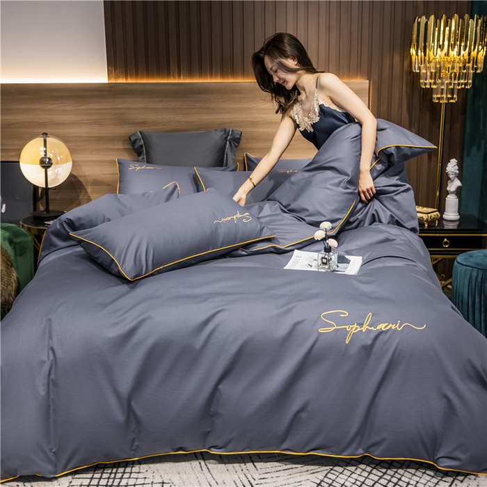 91家纺网 家纺一手货源 找家纺 小叮当家纺仓储工厂店 2025新款(热买家秀不断货)40s贡缎长绒棉纯棉字母款全棉四件套轻奢床上用品 葡萄紫