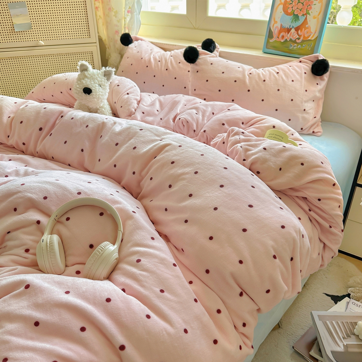 丽涵家纺 2025秋冬新品混搭波点牛奶绒四件套三件套-拍摄风格二 波点-粉色