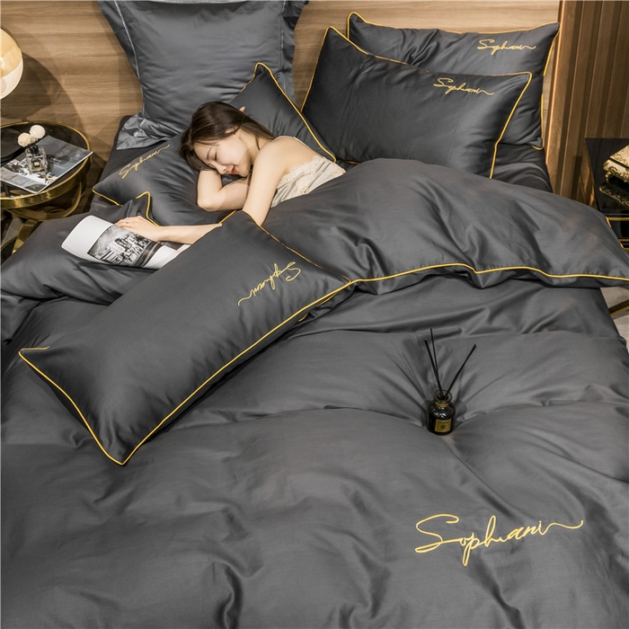 91家纺网 家纺一手货源 找家纺 小叮当家纺仓储工厂店 2025新款(热买家秀不断货)40s贡缎长绒棉纯棉字母款全棉四件套轻奢床上用品 绅士灰