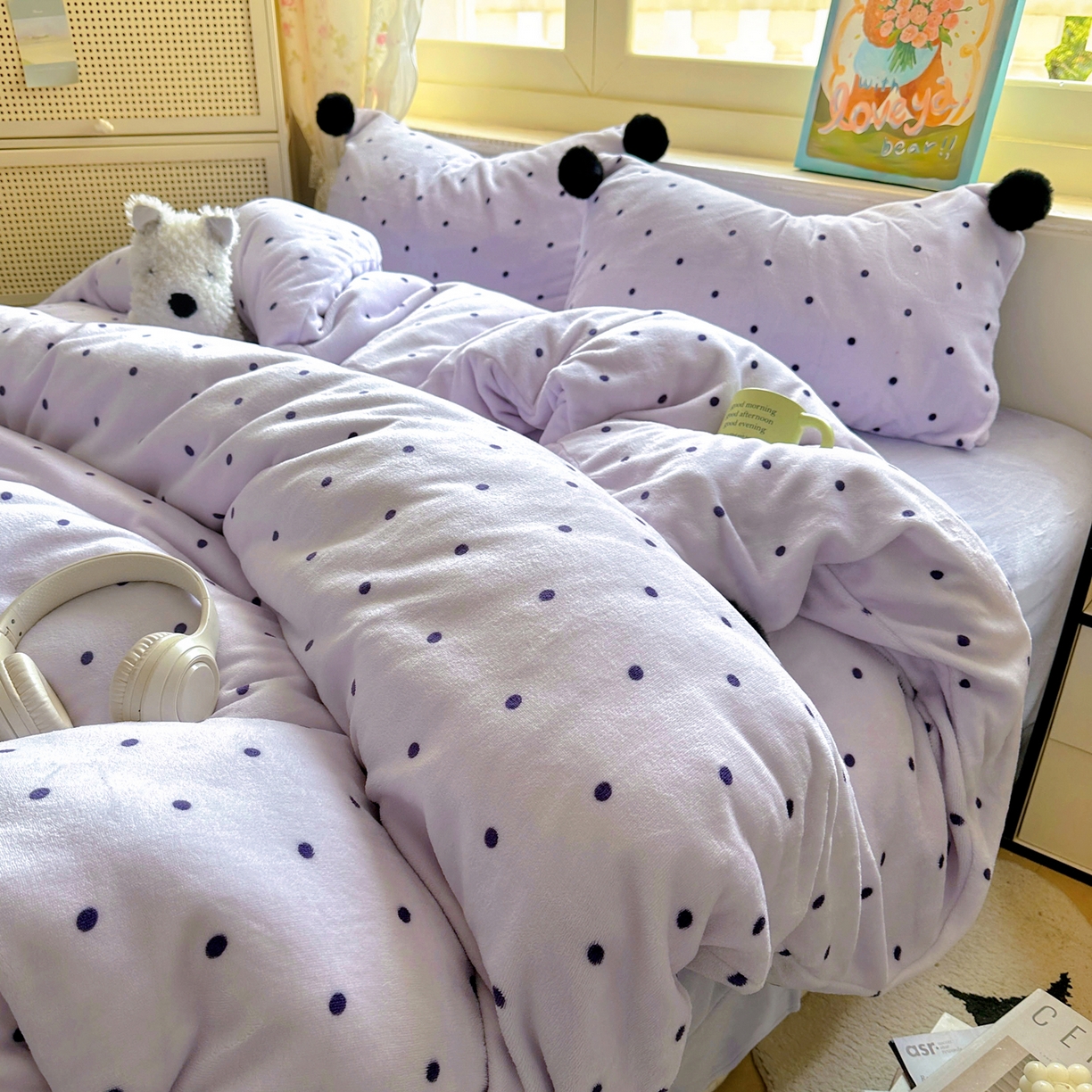 丽涵家纺 2025秋冬新品混搭波点牛奶绒四件套三件套-拍摄风格二 波点-紫色