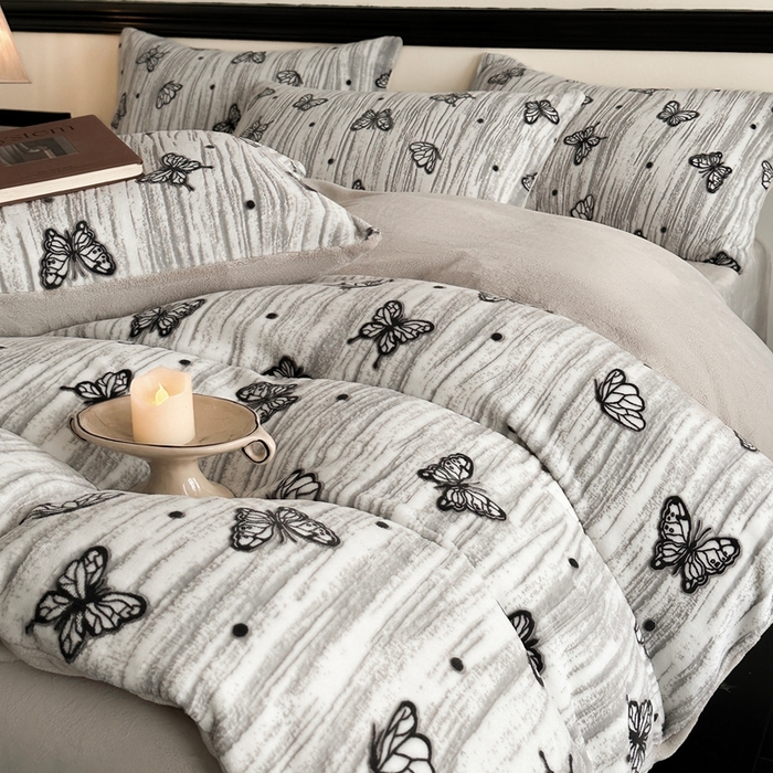 梦幻之城 2025新款雕花牛奶绒系列四件套-蝶缦 蝶缦-香草灰