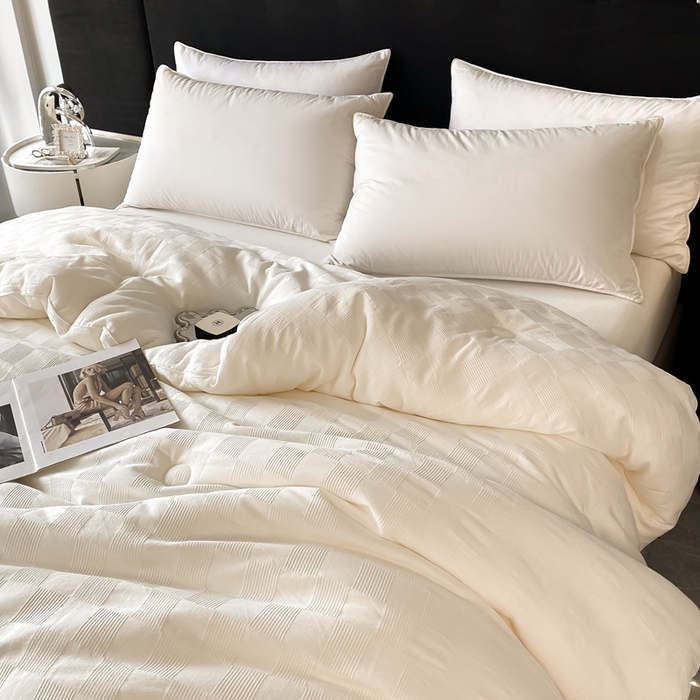 91家纺网 家纺一手货源 找家纺 一加一 2025新款A类全棉原棉提花大豆被被子被芯 棋盘格-米白