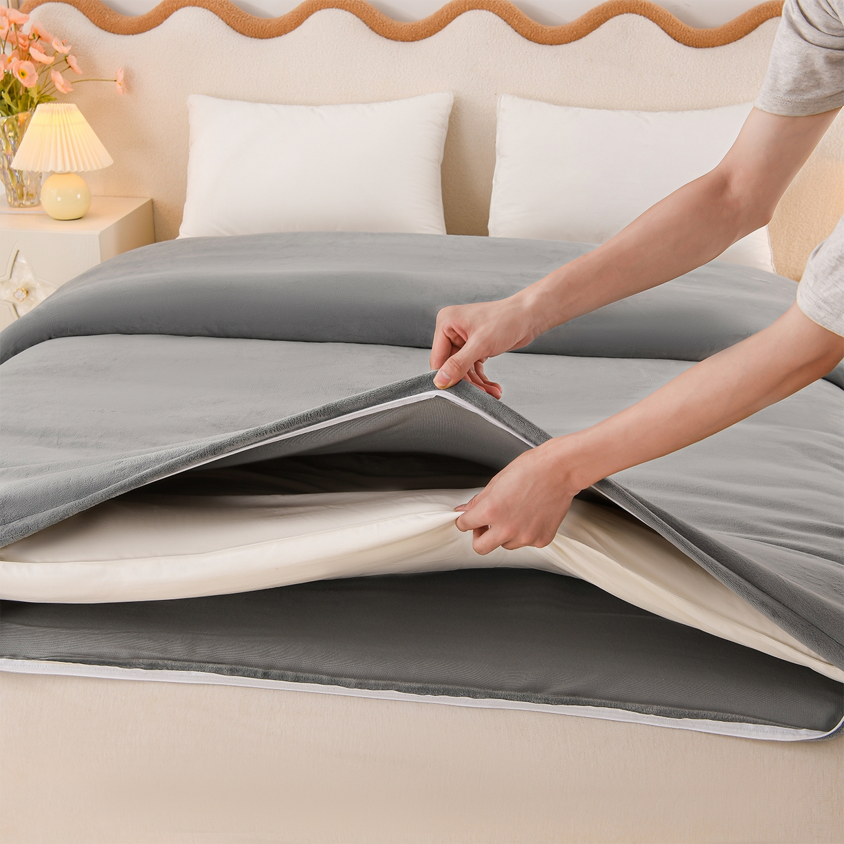 91家纺网 家纺一手货源 找家纺 锦逸家居 2025新款可拆卸牛奶绒羽丝棉冬被被子被芯 可拆洗-轻奢灰