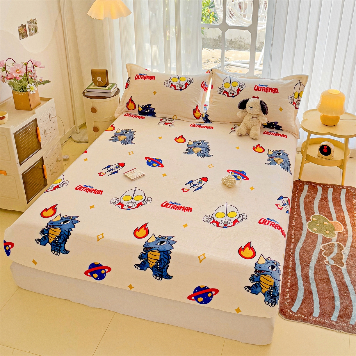 91家纺网 家纺一手货源 找家纺 名兮-2025经典奥特曼-三丽鸥高克重印花牛奶绒床笠 奥特超人