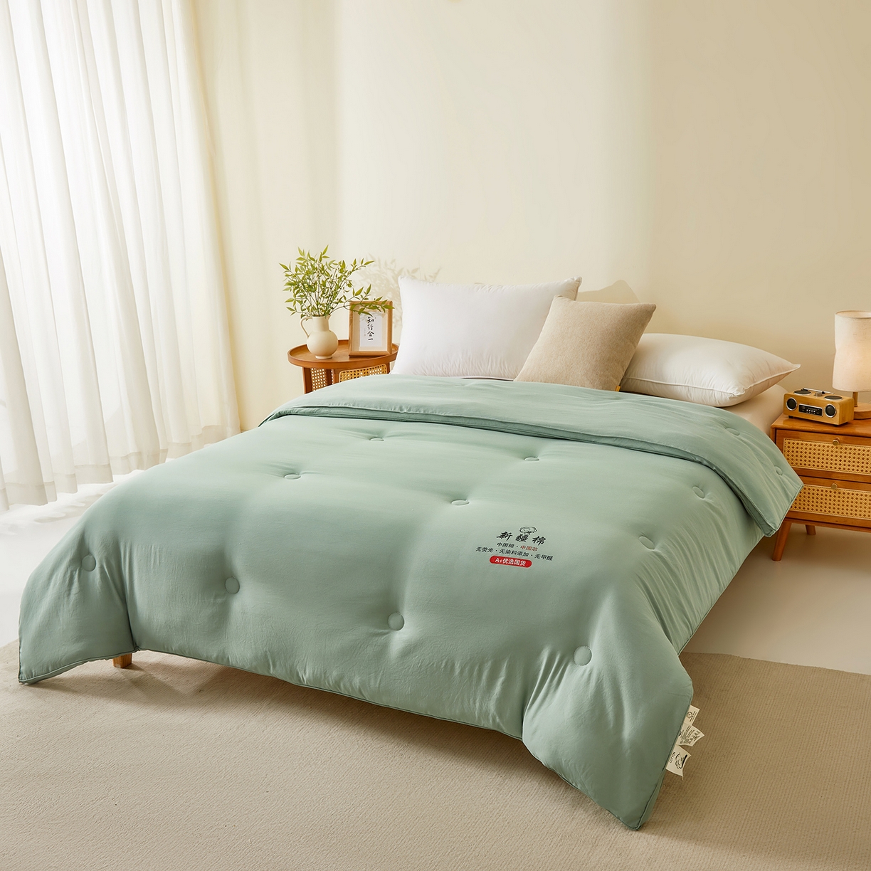 91家纺网 家纺一手货源 找家纺 逸居家纺 2025新款A类立体新疆棉花被子被芯 立体棉花被 青雅绿