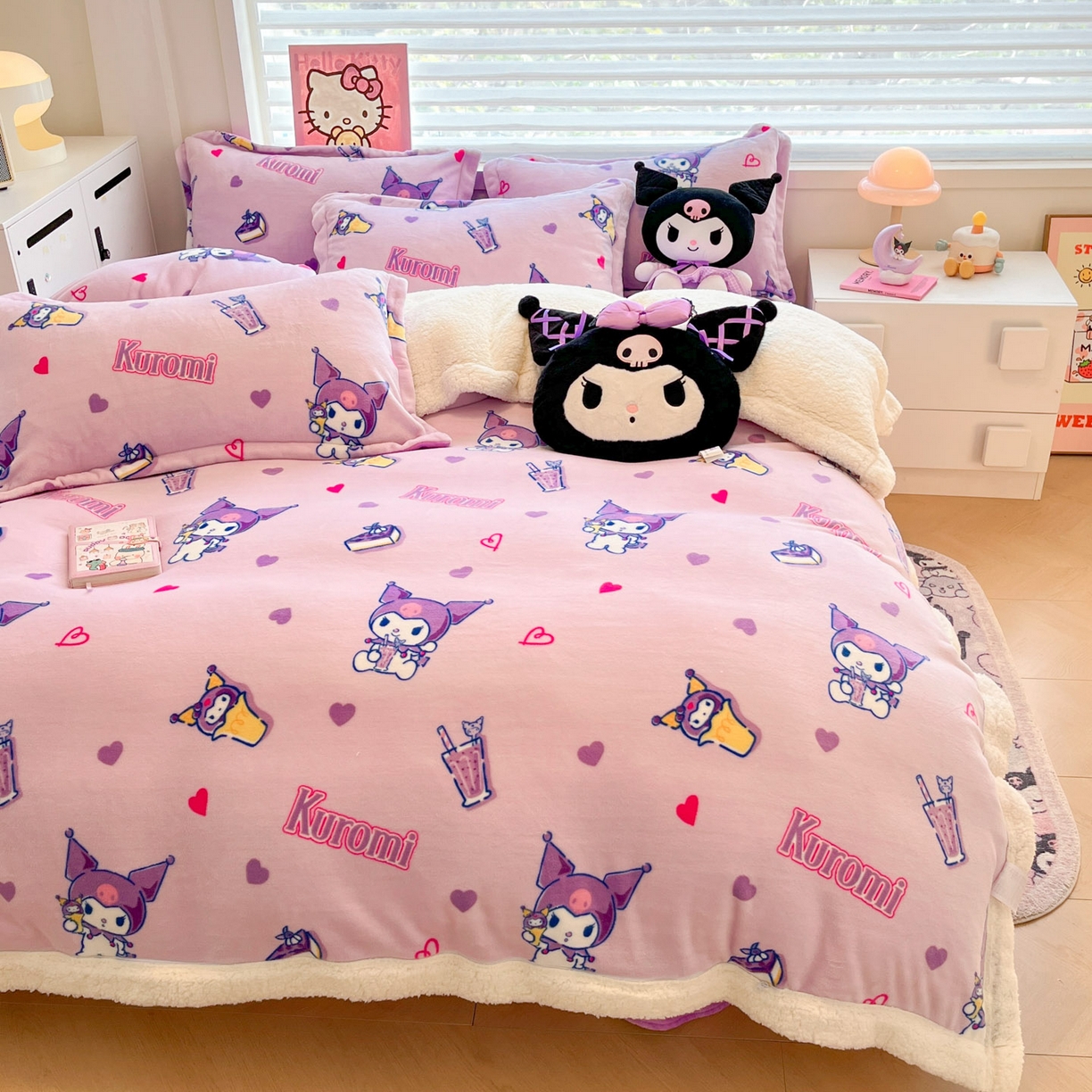 91家纺网 家纺一手货源 找家纺 （总）暮思家居 2025新款三丽鸥正版授权少女可爱卡通加厚牛奶绒羊羔绒毛毯多功能四季毛毯四件套