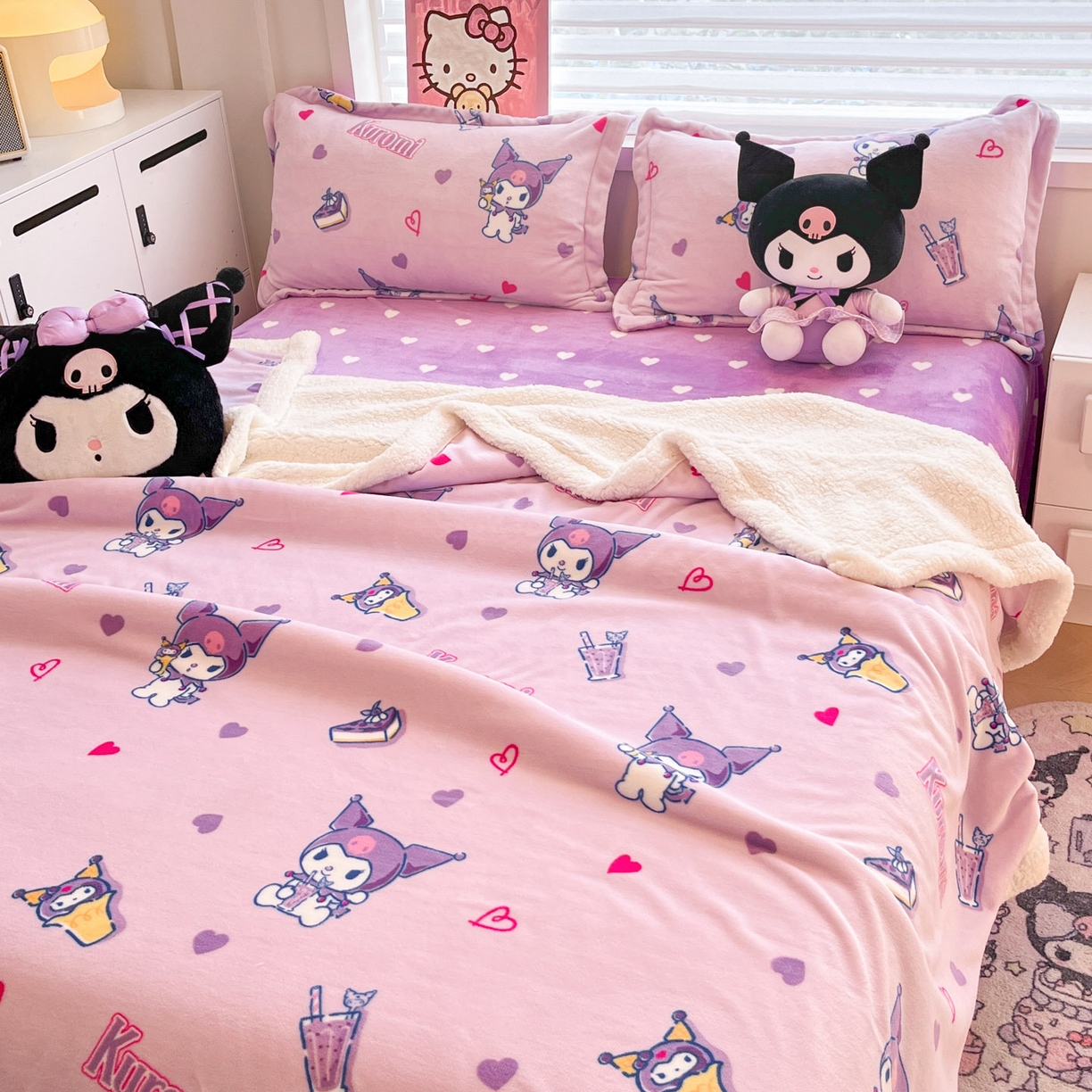 91家纺网 家纺一手货源 找家纺 （总）暮思家居 2025新款三丽鸥正版授权少女可爱卡通加厚牛奶绒羊羔绒毛毯多功能四季毛毯四件套