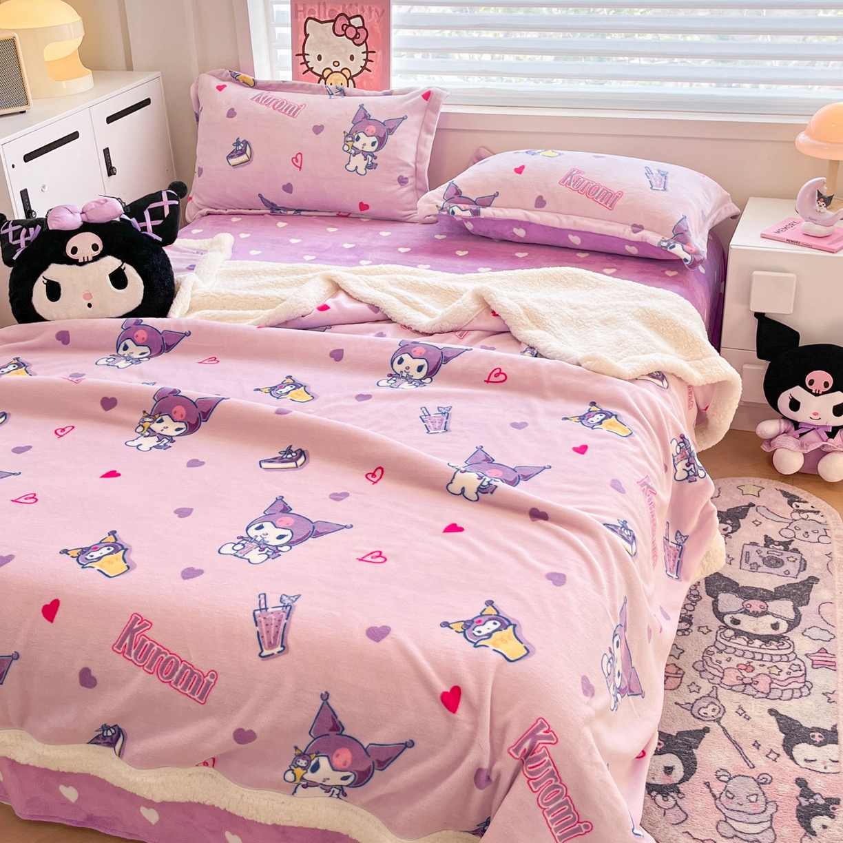 91家纺网 家纺一手货源 找家纺 （总）暮思家居 2025新款三丽鸥正版授权少女可爱卡通加厚牛奶绒羊羔绒毛毯多功能四季毛毯四件套