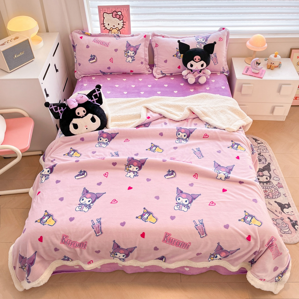 91家纺网 家纺一手货源 找家纺 （总）暮思家居 2025新款三丽鸥正版授权少女可爱卡通加厚牛奶绒羊羔绒毛毯多功能四季毛毯四件套