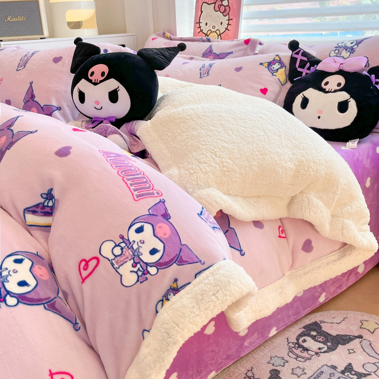 91家纺网 家纺一手货源 找家纺 （总）暮思家居 2025新款三丽鸥正版授权少女可爱卡通加厚牛奶绒羊羔绒毛毯多功能四季毛毯四件套