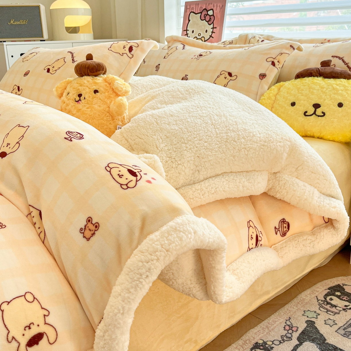 91家纺网 家纺一手货源 找家纺 （总）暮思家居 2025新款三丽鸥正版授权少女可爱卡通加厚牛奶绒羊羔绒毛毯多功能四季毛毯四件套