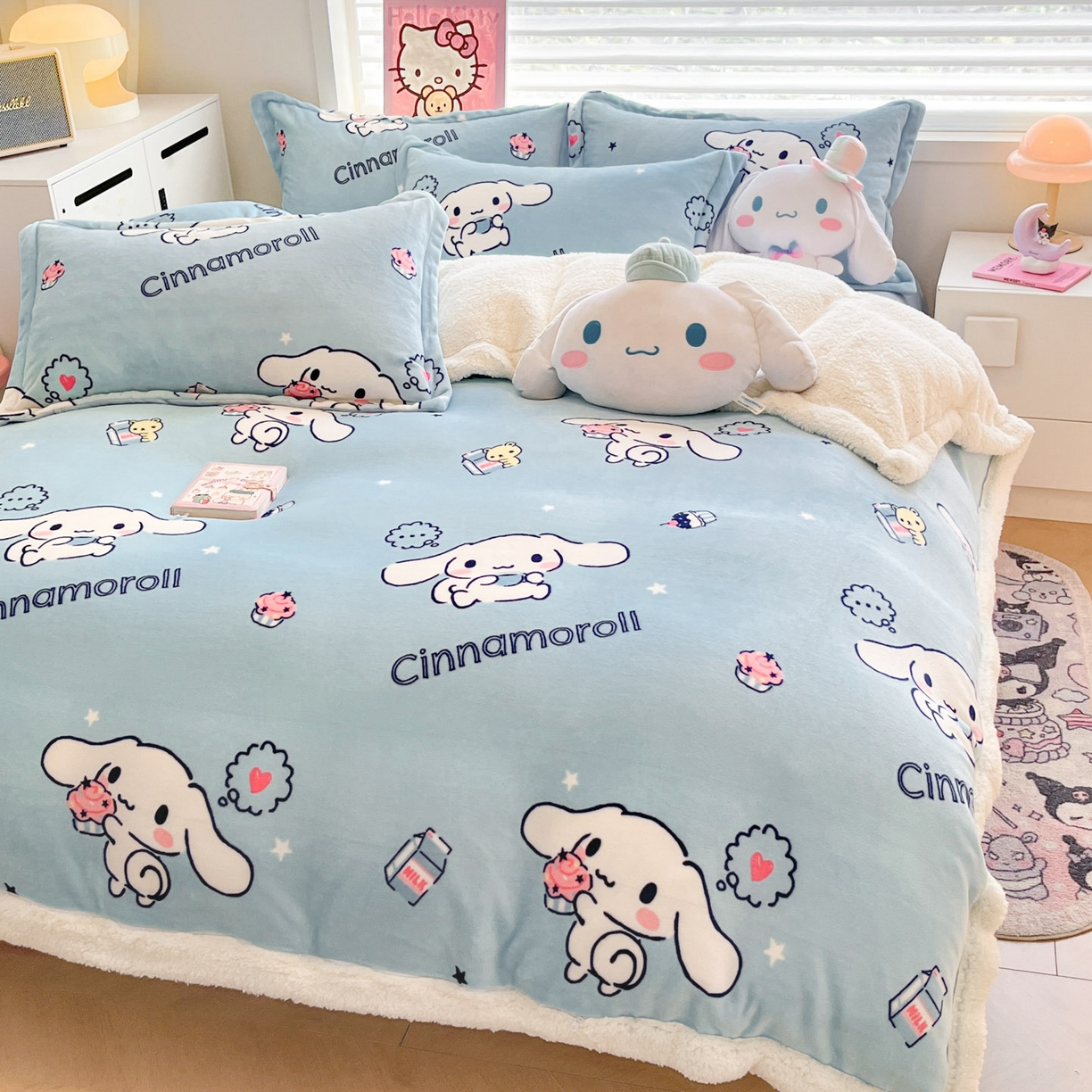 91家纺网 家纺一手货源 找家纺 暮思家居 2025新款三丽鸥正版授权少女可爱卡通加厚牛奶绒羊羔绒毛毯多功能四季毛毯四件套 羊羔绒-甜品玉桂狗