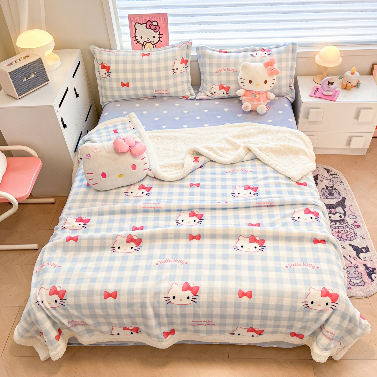 91家纺网 家纺一手货源 找家纺 暮思家居 2025新款三丽鸥正版授权少女可爱卡通加厚牛奶绒羊羔绒毛毯多功能四季毛毯四件套 羊羔绒-乖巧KT