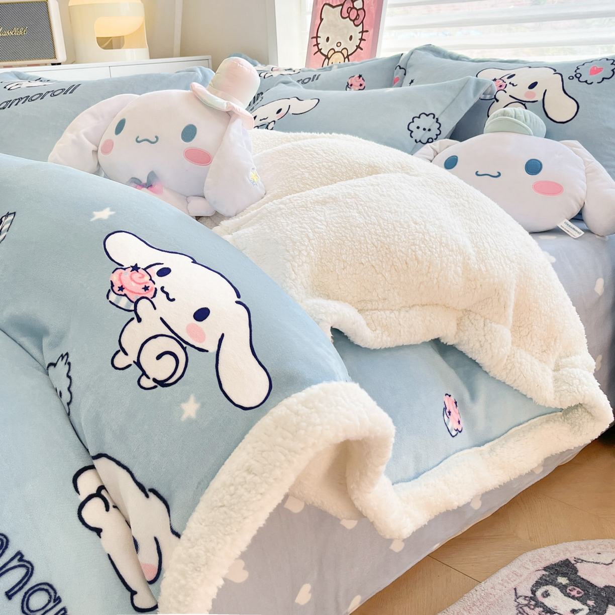 暮思家居 2025新款三丽鸥正版授权少女可爱卡通加厚牛奶绒羊羔绒毛毯多功能四季毛毯四件套 羊羔绒-甜品玉桂狗
