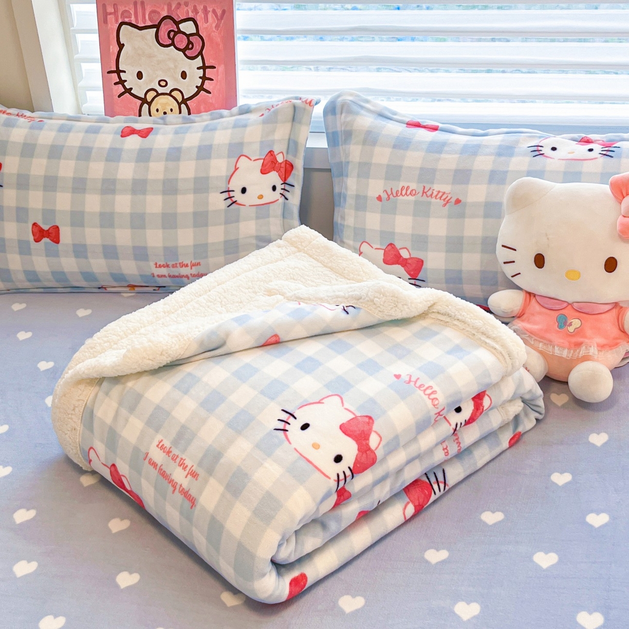 91家纺网 家纺一手货源 找家纺 暮思家居 2025新款三丽鸥正版授权少女可爱卡通加厚牛奶绒羊羔绒毛毯多功能四季毛毯四件套 羊羔绒-乖巧KT