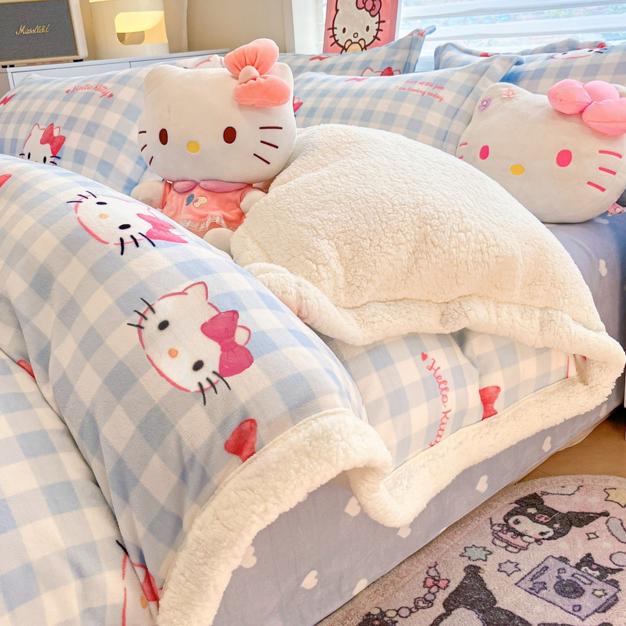 暮思家居 2025新款三丽鸥正版授权少女可爱卡通加厚牛奶绒羊羔绒毛毯多功能四季毛毯四件套 羊羔绒-乖巧KT