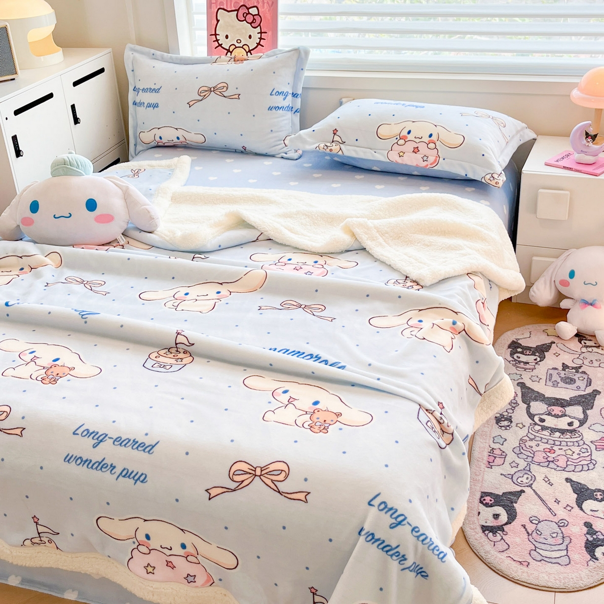 91家纺网 家纺一手货源 找家纺 暮思家居 2025新款三丽鸥正版授权少女可爱卡通加厚牛奶绒羊羔绒毛毯多功能四季毛毯四件套 羊羔绒-点点玉桂狗