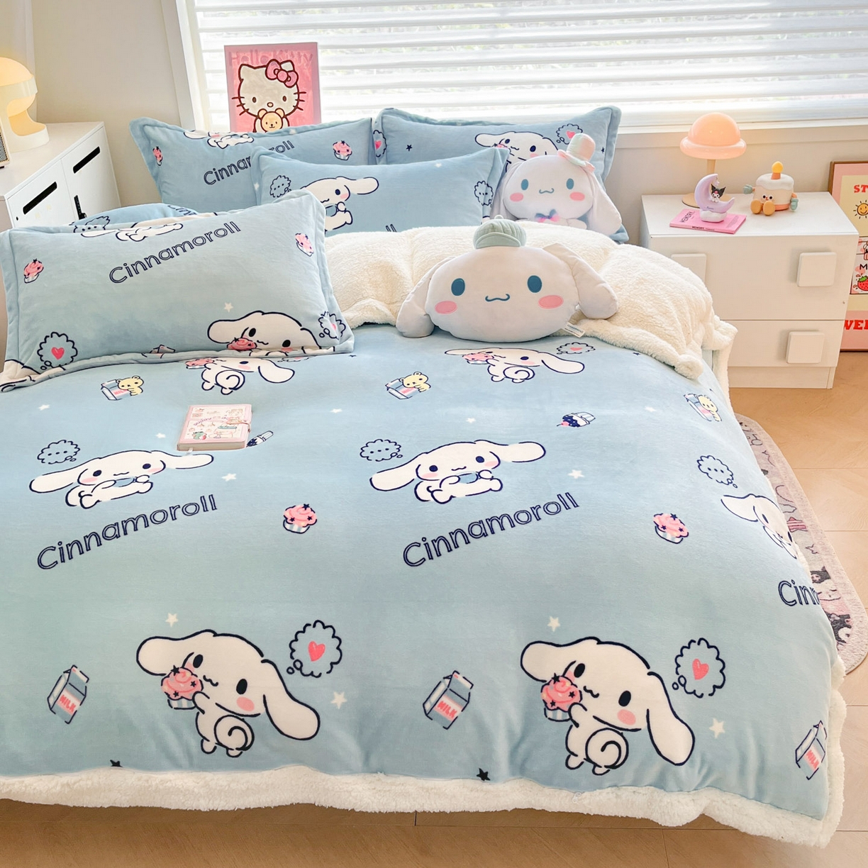 91家纺网 家纺一手货源 找家纺 暮思家居 2025新款三丽鸥正版授权少女可爱卡通加厚牛奶绒羊羔绒毛毯多功能四季毛毯四件套 羊羔绒-甜品玉桂狗