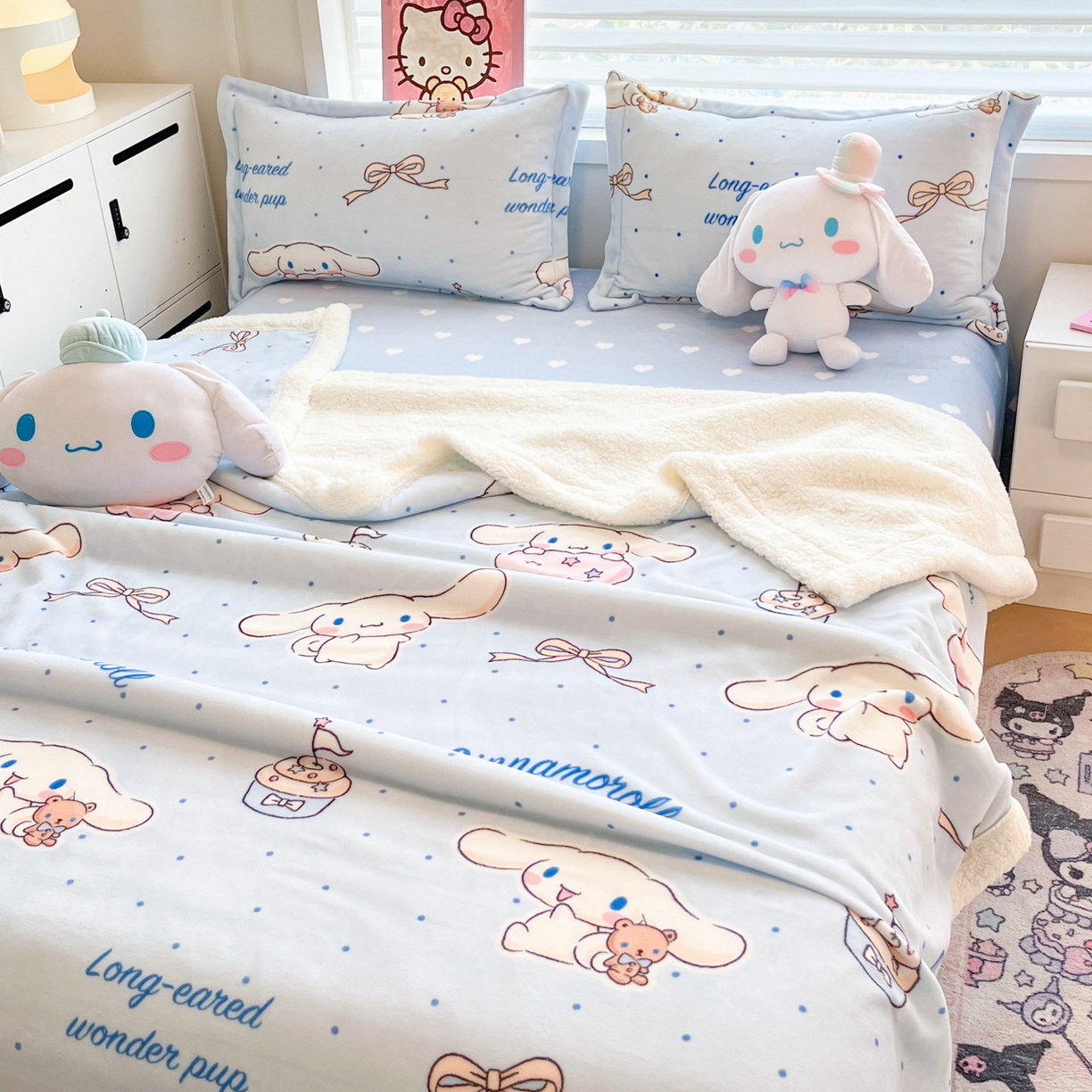 91家纺网 家纺一手货源 找家纺 暮思家居 2025新款三丽鸥正版授权少女可爱卡通加厚牛奶绒羊羔绒毛毯多功能四季毛毯四件套 羊羔绒-点点玉桂狗