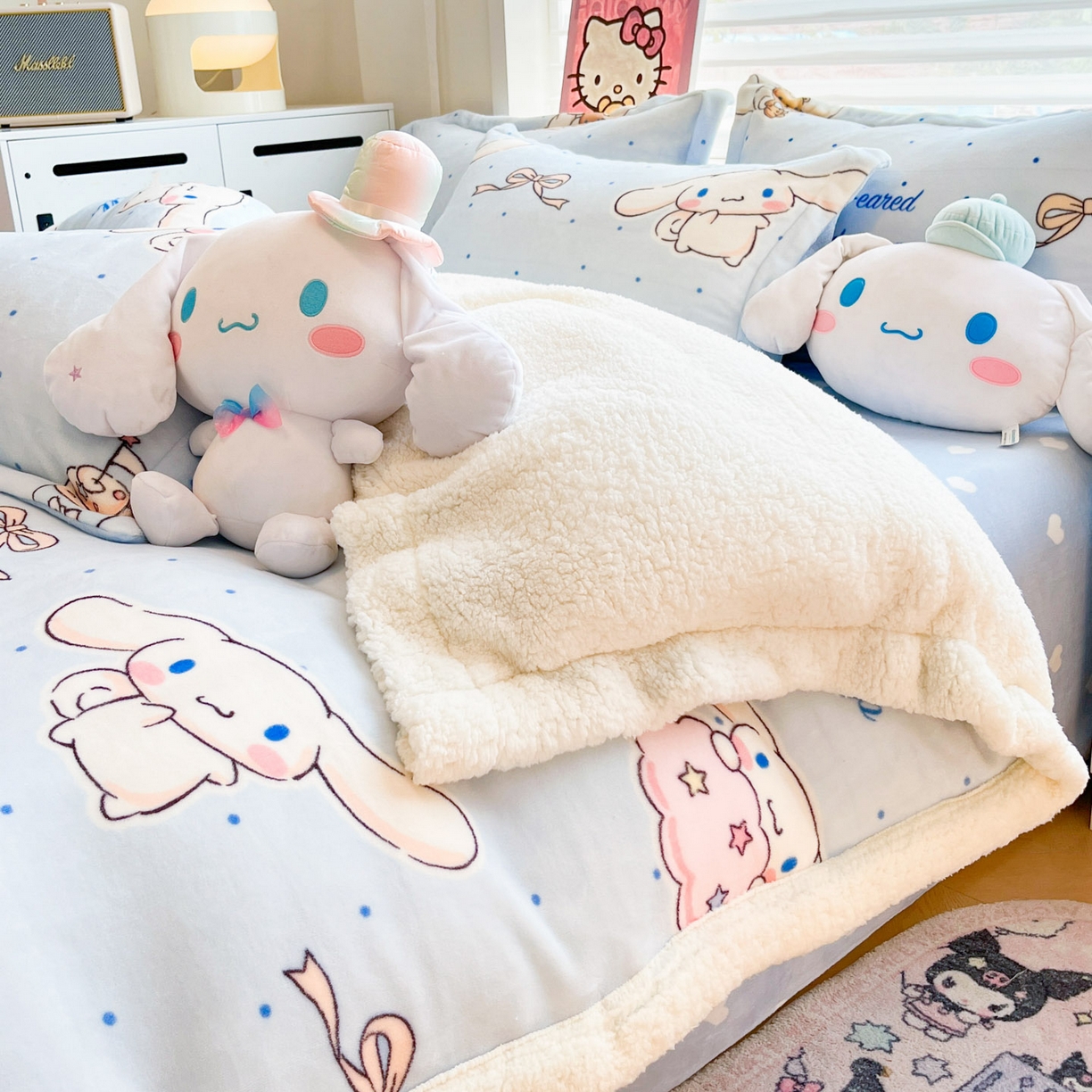 91家纺网 家纺一手货源 找家纺 暮思家居 2025新款三丽鸥正版授权少女可爱卡通加厚牛奶绒羊羔绒毛毯多功能四季毛毯四件套 羊羔绒-点点玉桂狗