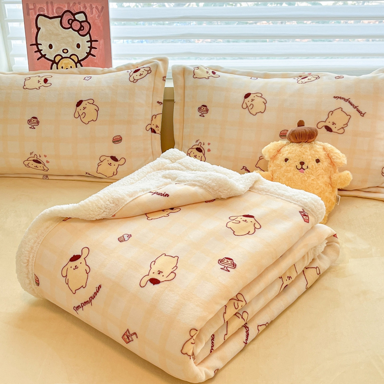 91家纺网 家纺一手货源 找家纺 暮思家居 2025新款三丽鸥正版授权少女可爱卡通加厚牛奶绒羊羔绒毛毯多功能四季毛毯四件套 羊羔绒-焦糖布丁狗
