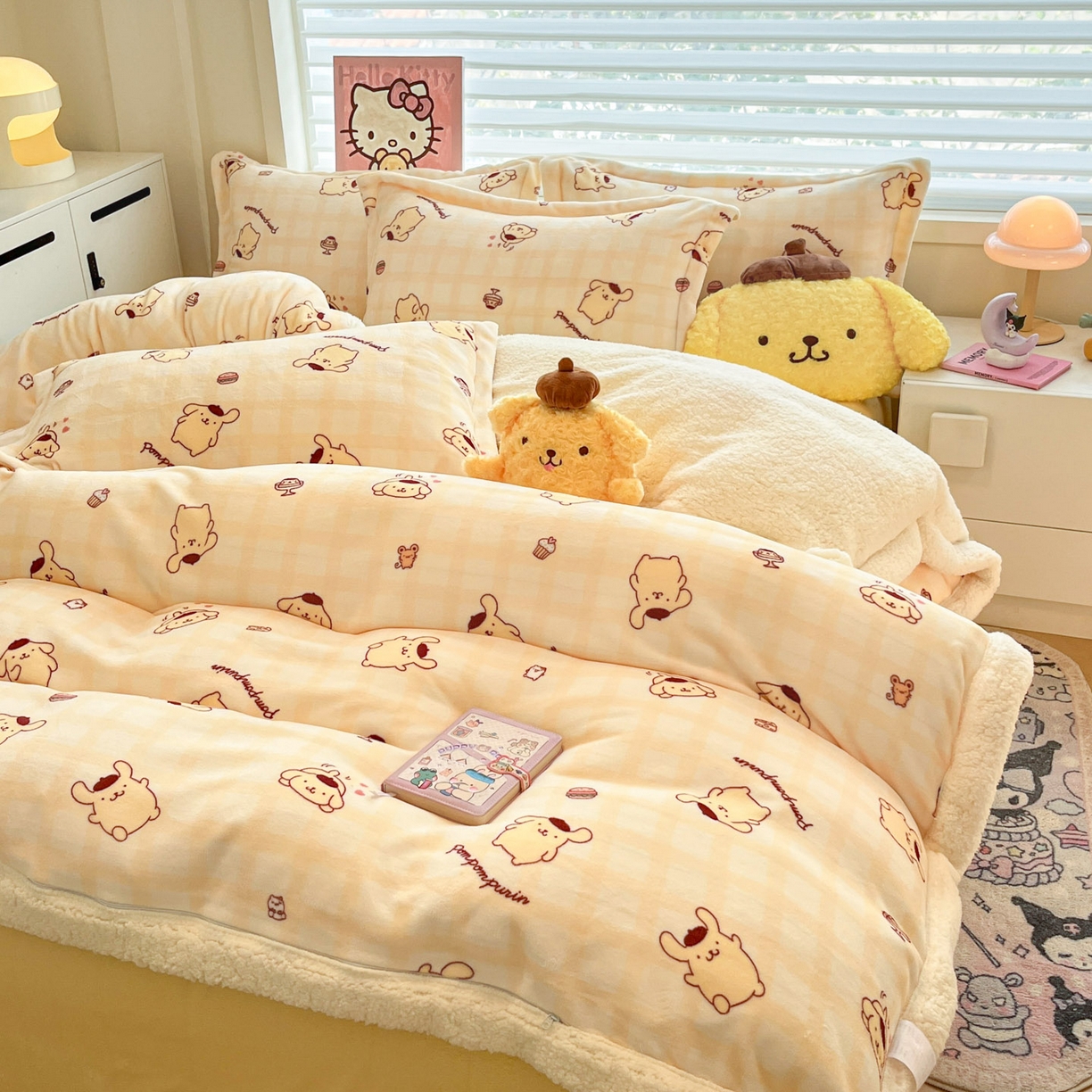 91家纺网 家纺一手货源 找家纺 暮思家居 2025新款三丽鸥正版授权少女可爱卡通加厚牛奶绒羊羔绒毛毯多功能四季毛毯四件套 羊羔绒-焦糖布丁狗