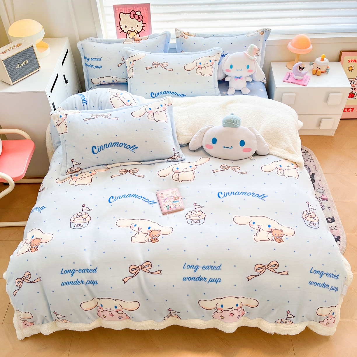 91家纺网 家纺一手货源 找家纺 暮思家居 2025新款三丽鸥正版授权少女可爱卡通加厚牛奶绒羊羔绒毛毯多功能四季毛毯四件套 羊羔绒-点点玉桂狗