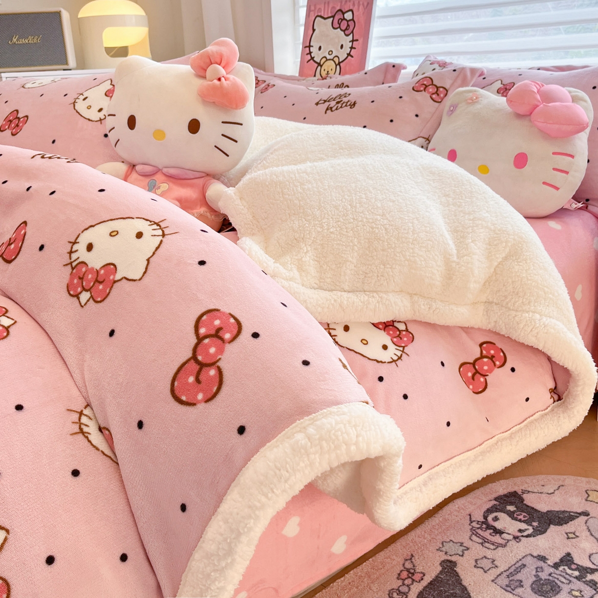 暮思家居 2025新款三丽鸥正版授权少女可爱卡通加厚牛奶绒羊羔绒毛毯多功能四季毛毯四件套 羊羔绒-可爱KT