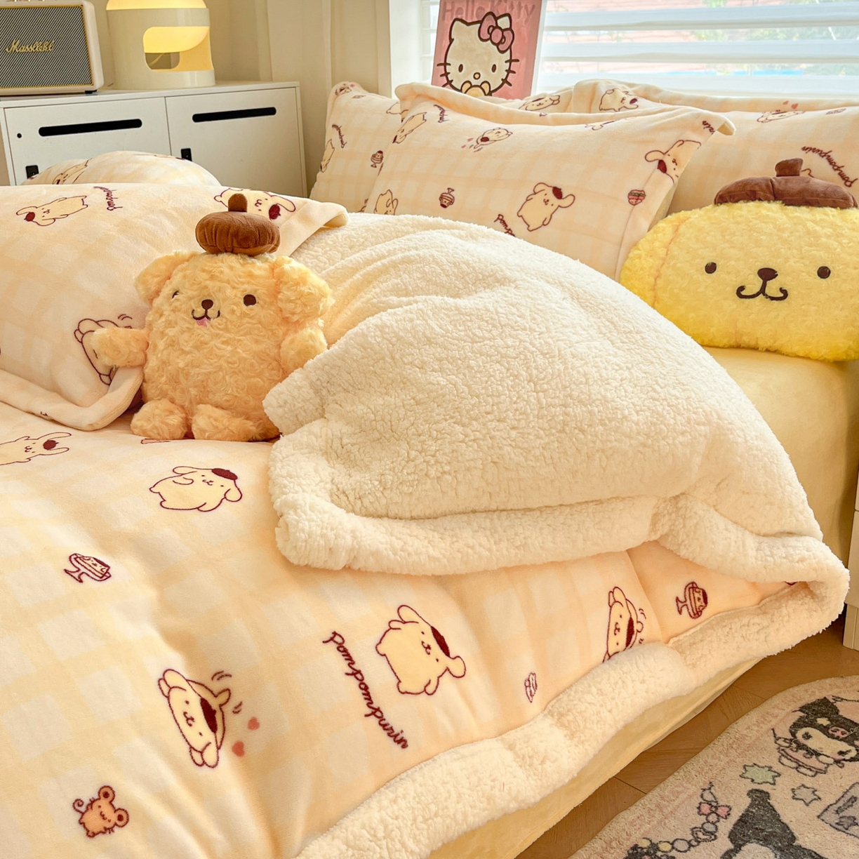 91家纺网 家纺一手货源 找家纺 暮思家居 2025新款三丽鸥正版授权少女可爱卡通加厚牛奶绒羊羔绒毛毯多功能四季毛毯四件套 羊羔绒-焦糖布丁狗