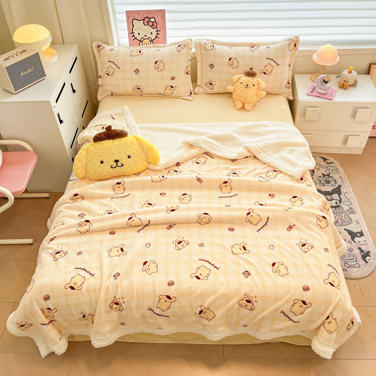 91家纺网 家纺一手货源 找家纺 暮思家居 2025新款三丽鸥正版授权少女可爱卡通加厚牛奶绒羊羔绒毛毯多功能四季毛毯四件套 羊羔绒-焦糖布丁狗