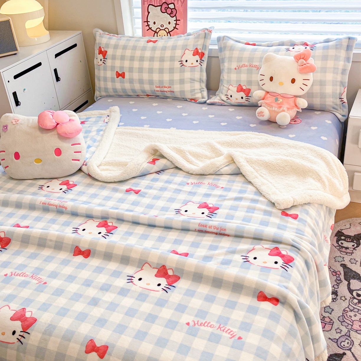 91家纺网 家纺一手货源 找家纺 暮思家居 2025新款三丽鸥正版授权少女可爱卡通加厚牛奶绒羊羔绒毛毯多功能四季毛毯四件套 羊羔绒-乖巧KT