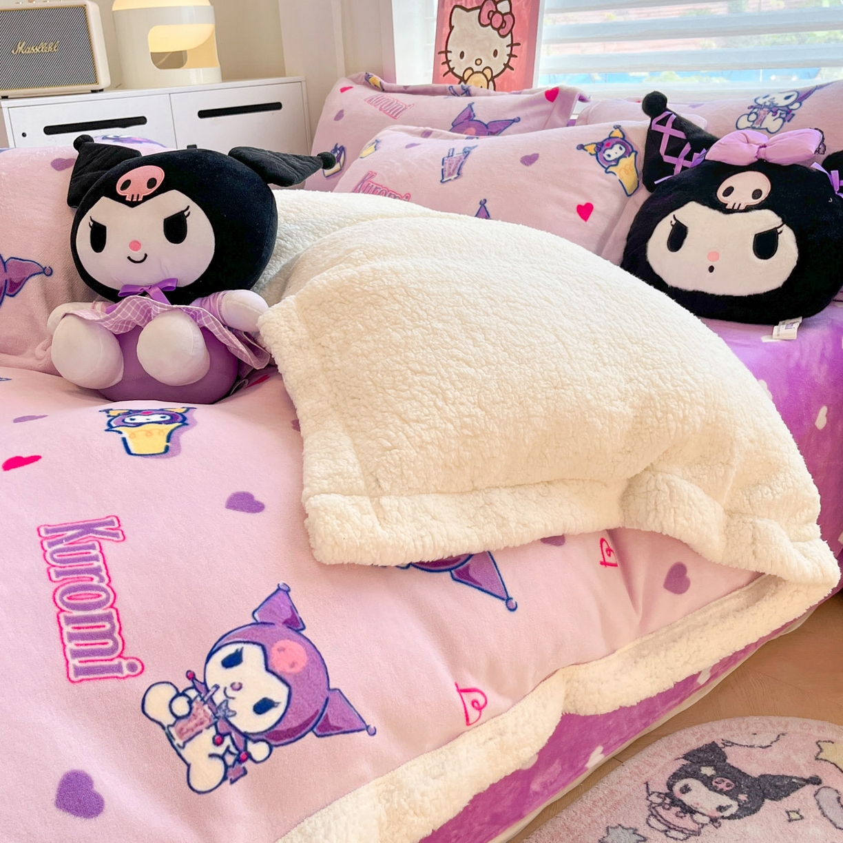 91家纺网 家纺一手货源 找家纺 （总）暮思家居 2025新款三丽鸥正版授权少女可爱卡通加厚牛奶绒羊羔绒毛毯多功能四季毛毯四件套